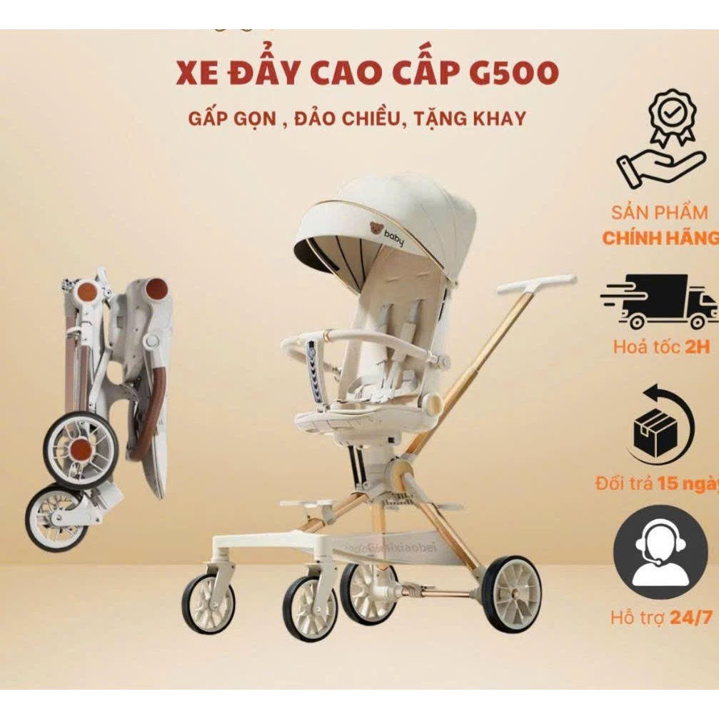 Xe đẩy cao cấp G500-1 dành cho bé từ sơ sinh, gấp gọn, đảo chiều, 3 tư thế, tặng khay bàn ăn