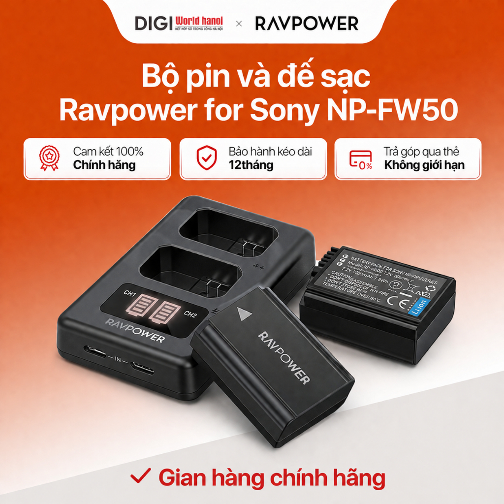 Bộ 2 pin và đế sạc kép RAVPOWER for Sony NP-FW50