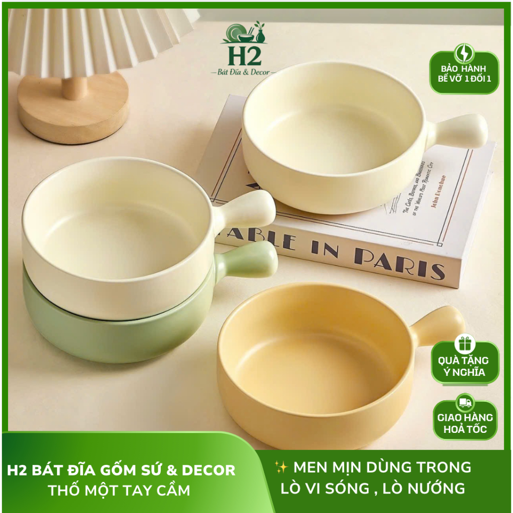 Thố sứ, tô sứ men có tay cầm tiện dụng để được lò vi sóng - H2decor