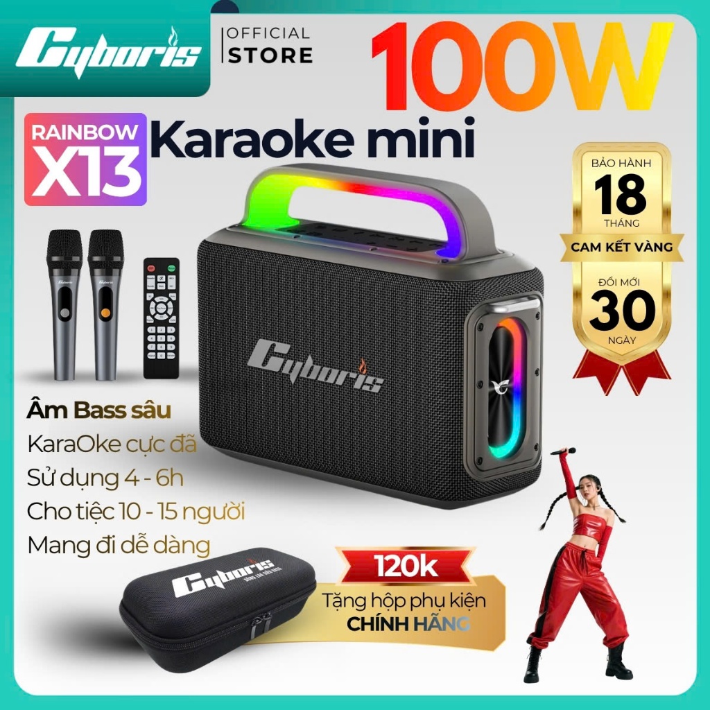 Loa Bluetooth Karaoke 100W Cyboris X13,BASS sâu,2 Micro hút âm,Pin hát 4 tiếng,Bảo hành 18 Tháng