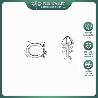 Khuyên tai bạc nữ TLEE xương cá mèo nhỏ xinh thân thẳng chốt kẹp s925 dễ thương TLEEJEWELRY