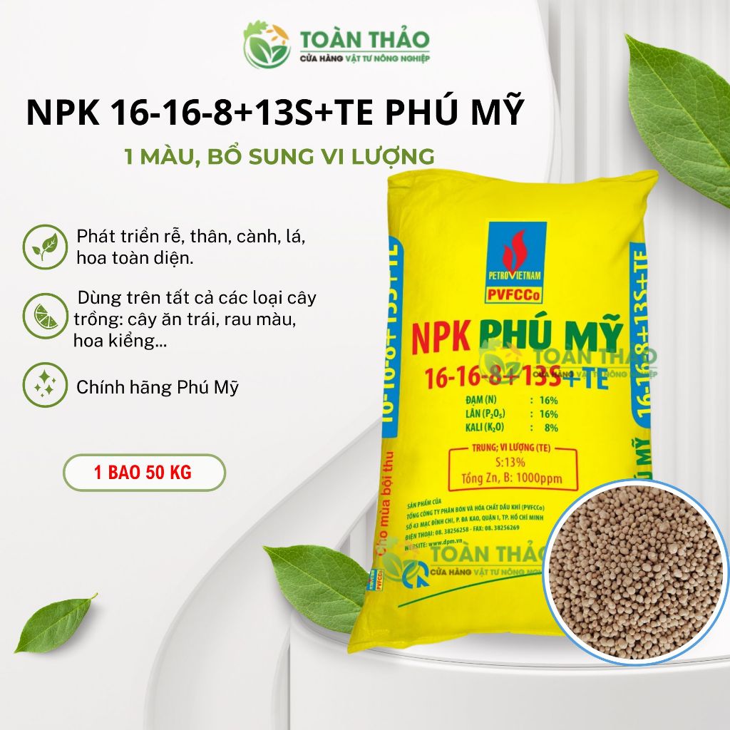 Phân Bón NPK 16-16-8+13S+TE PHÚ MỸ (Bao 50kg) - Hạt 1 Màu, Siêu Bung Đọt, Ra Rễ Mạnh, Phục Hồi Cây
