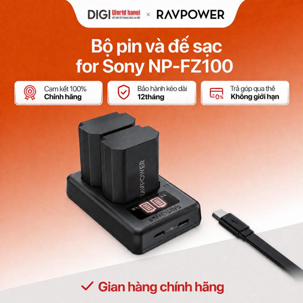 Bộ 2 pin và đế sạc kép RAVPOWER for Sony NP-FZ100 - Chính hãng