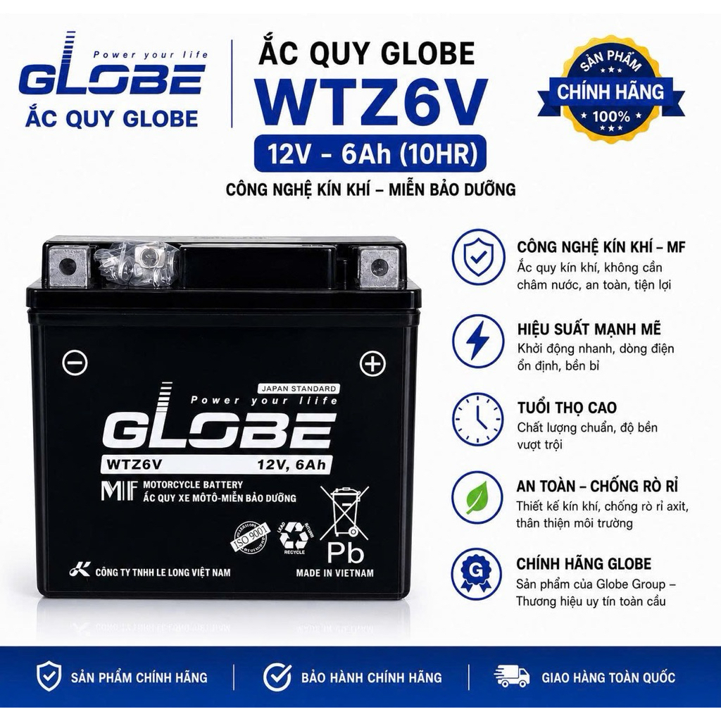 Ắc Quy globe WTZ6V (12V-6Ah) Xe Vision 2017-2026, Lead 125, Air Blade, SH Mode, Vario, sh việt nam