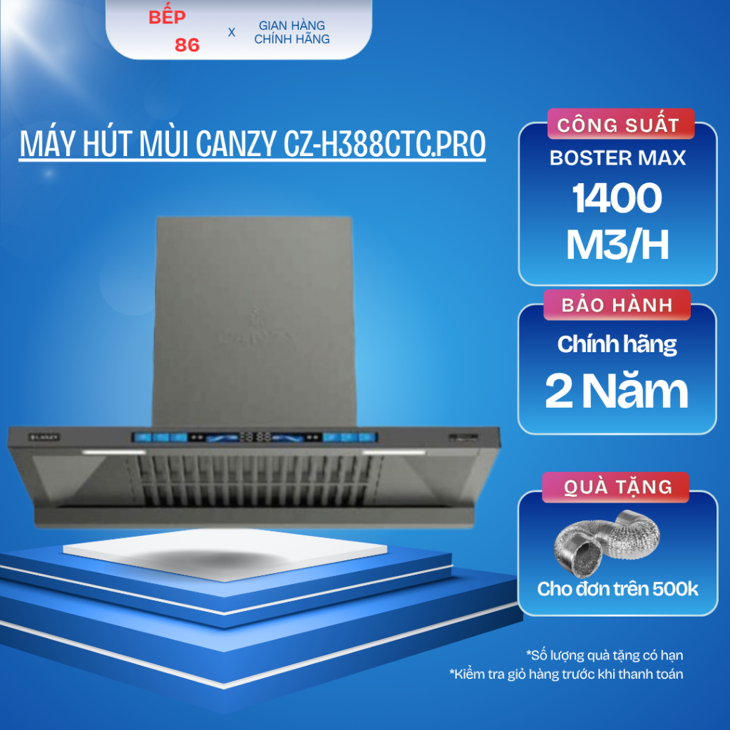 Máy hút mùi Canzy CZ-H388CTC.PRO Model 2026, Tự động vệ sinh, Lực hút 1400 m3/h, Hẹn giờ tự động
