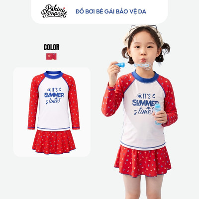 Đồ bơi bé gái tay dài bảo vệ da đi biển - Bikini Passport - KD024_RD