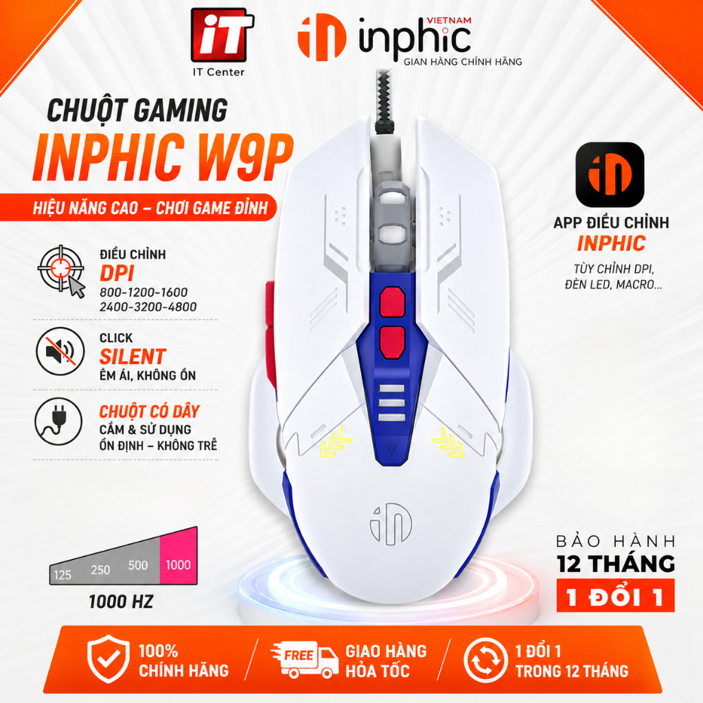 Chuột gaming có dây INPHIC W9P GUNDAM 7 nút bấm 12800 DPI có app macro combo auto click