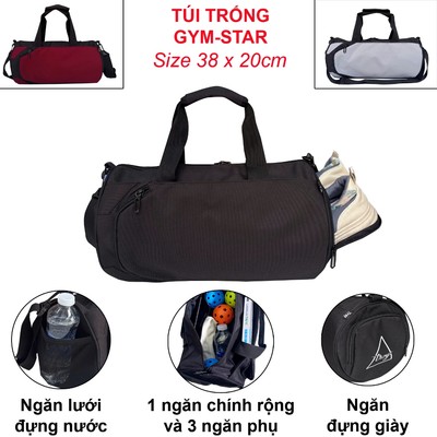 Túi trống thể thao TROY GYM STAR size nhỏ 38 x 20cm, ngăn đựng giày, vải chống thấm