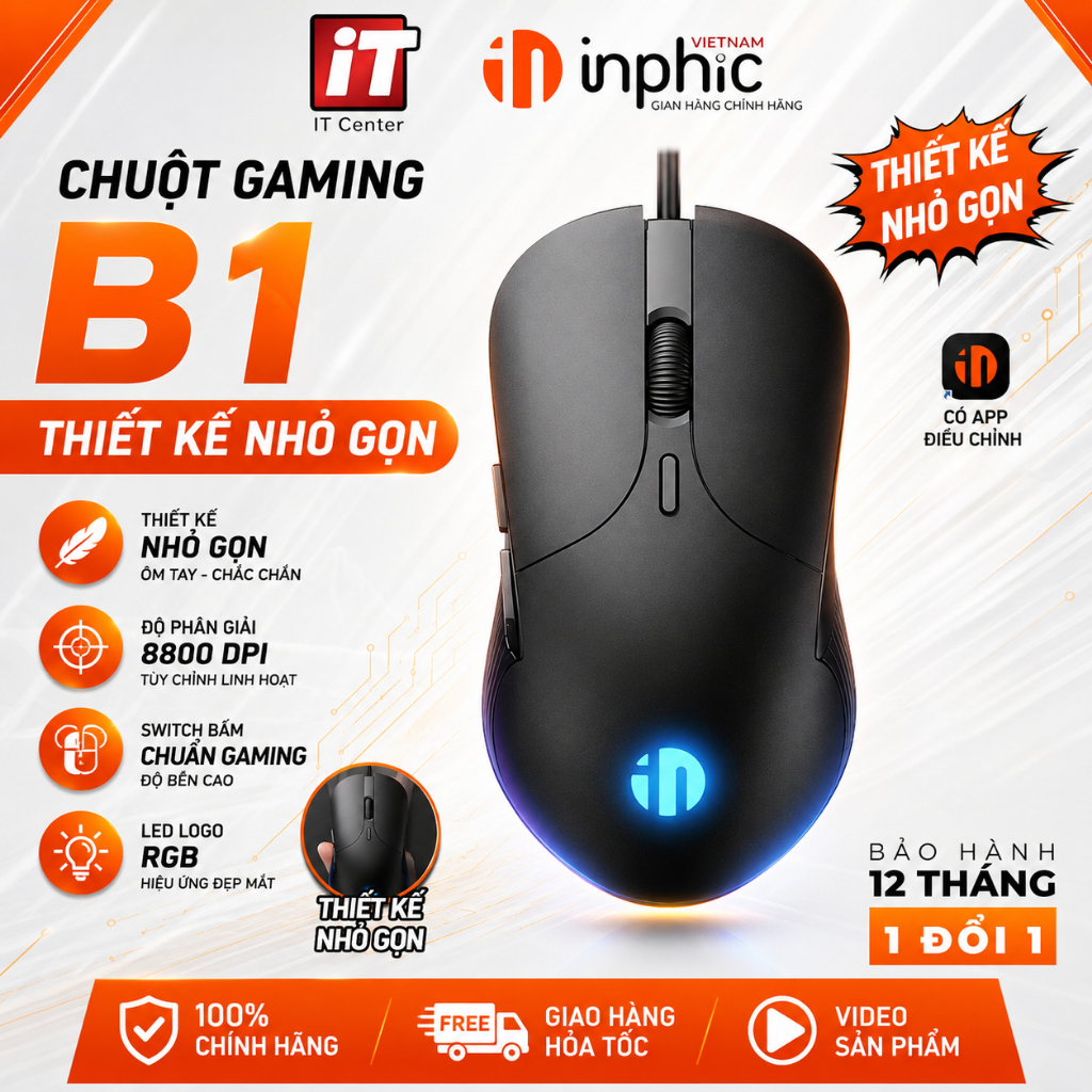 Chuột máy tính chơi game Inphic PB1 bản có dây thiết kế công thái học phù hợp cả gaming và làm việc