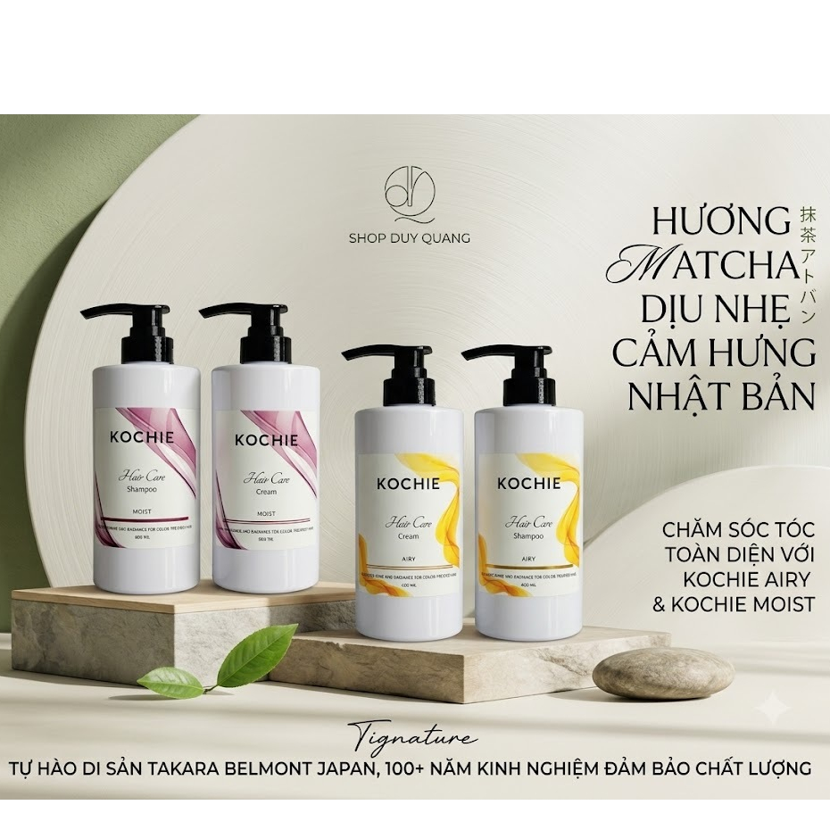 BỘ DẦU GỘI XẢ CAO CẤP KOCHIE AIRY & KOCHIE MOIST HƯƠNG MATCHA NHẬT BẢN DÀNH CHO TÓC NHUỘM VÀ HƯ TỔN