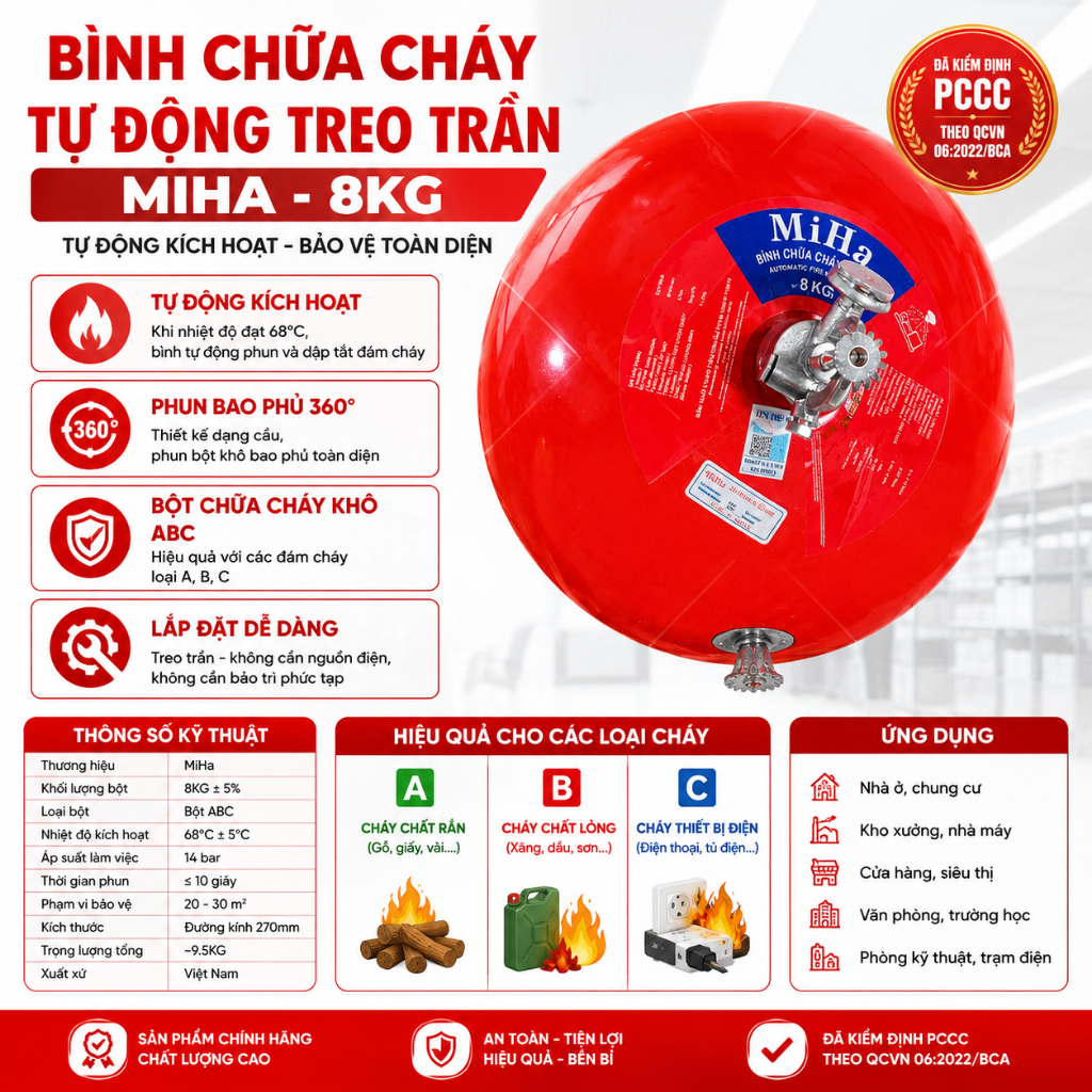 [Kiểm Định] Bình Cầu Chữa Cháy Tự Động 6KG 8KG Bình Chữa Cháy Treo Trần Cho Nhà Xưởng, Kho Hàng