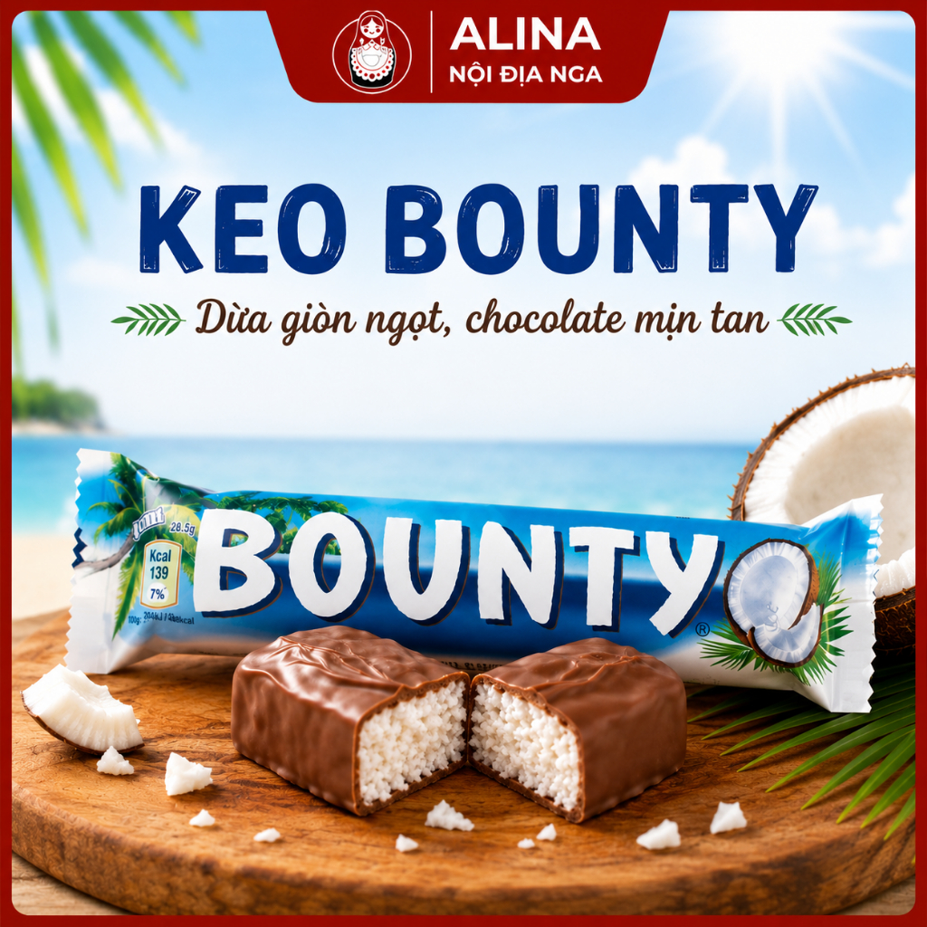 Kẹo Socola Dừa Bounty Nội Địa Nga Thanh Chocolate Nhân Dừa Thơm Béo Ăn Vặt Ngọt Ngào Thơm Ngon