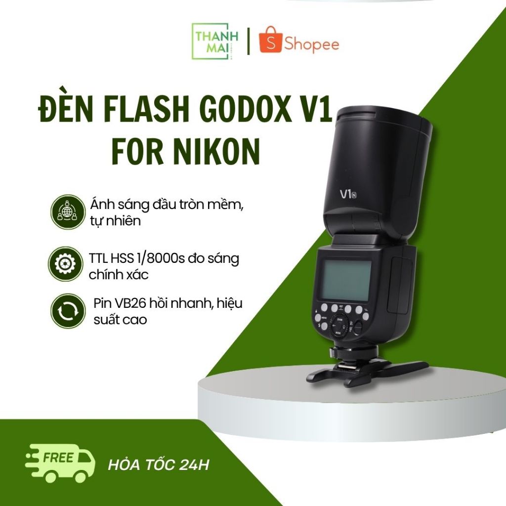 Đèn Flash Godox V1 (N) For Nikon Flash rời TTL HSS đầu tròn 76Ws pin Lithium