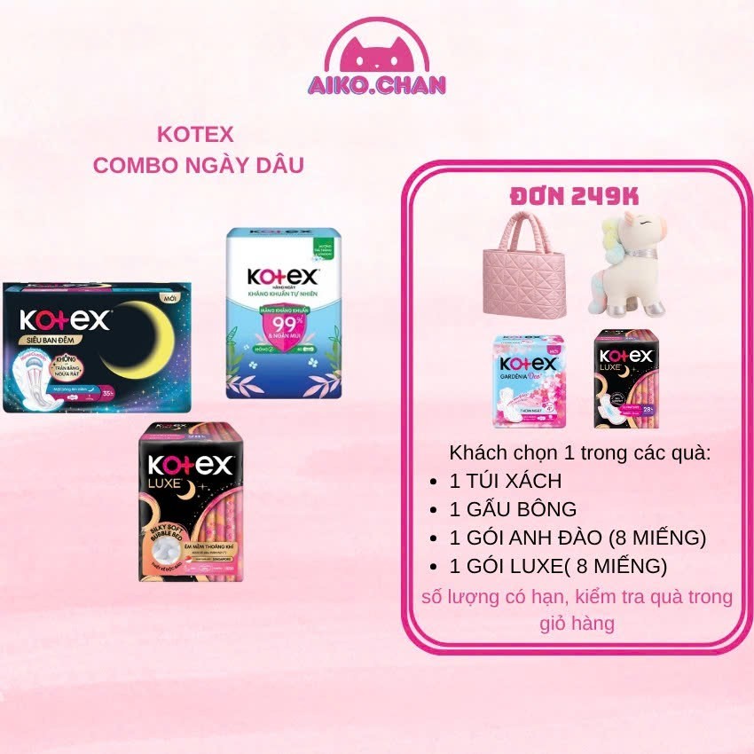 Combo ngày dâu KOTEX BVS Moon 8 Miếng + kháng khuẩn hàng ngày 40 Miếng + Lux mặt bông 8 Miếng