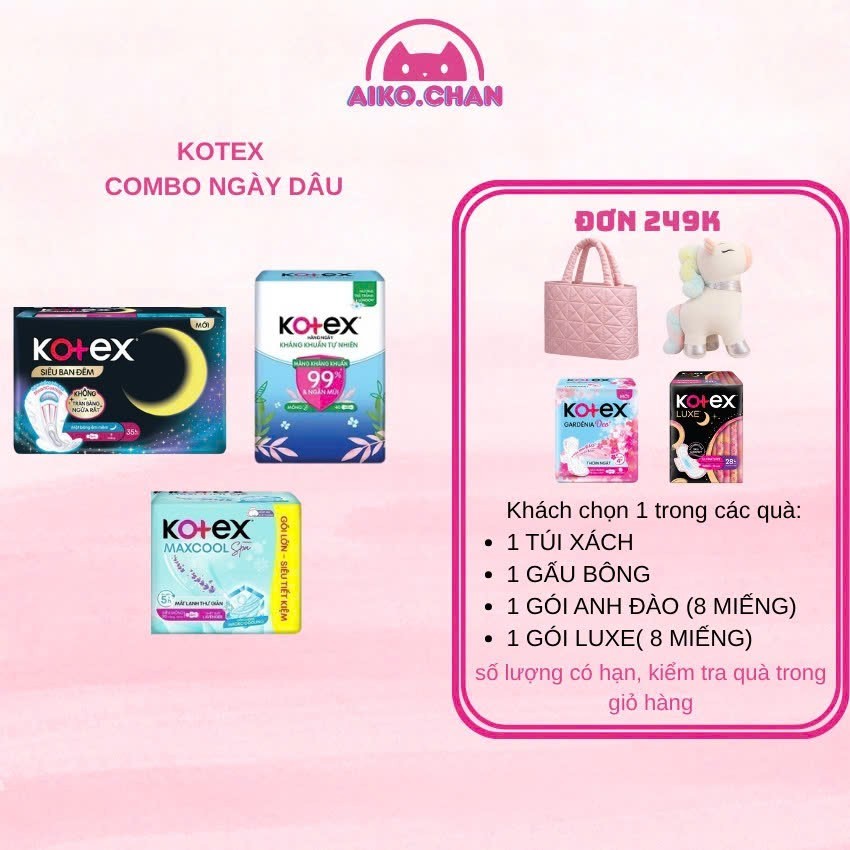 Combo ngày dâu KOTEX BVS Moon 8 Miếng + kháng khuẩn hàng ngày 40 Miếng + Maxcool 20 Miếng
