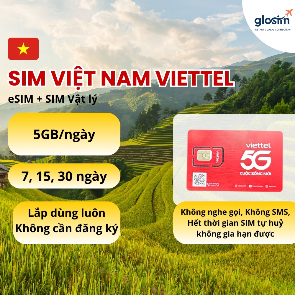 VIETTEL 5G - SIM Du lịch Việt Nam 5GB/ngày, Lắp vào dùng luôn, Không cần đăng ký