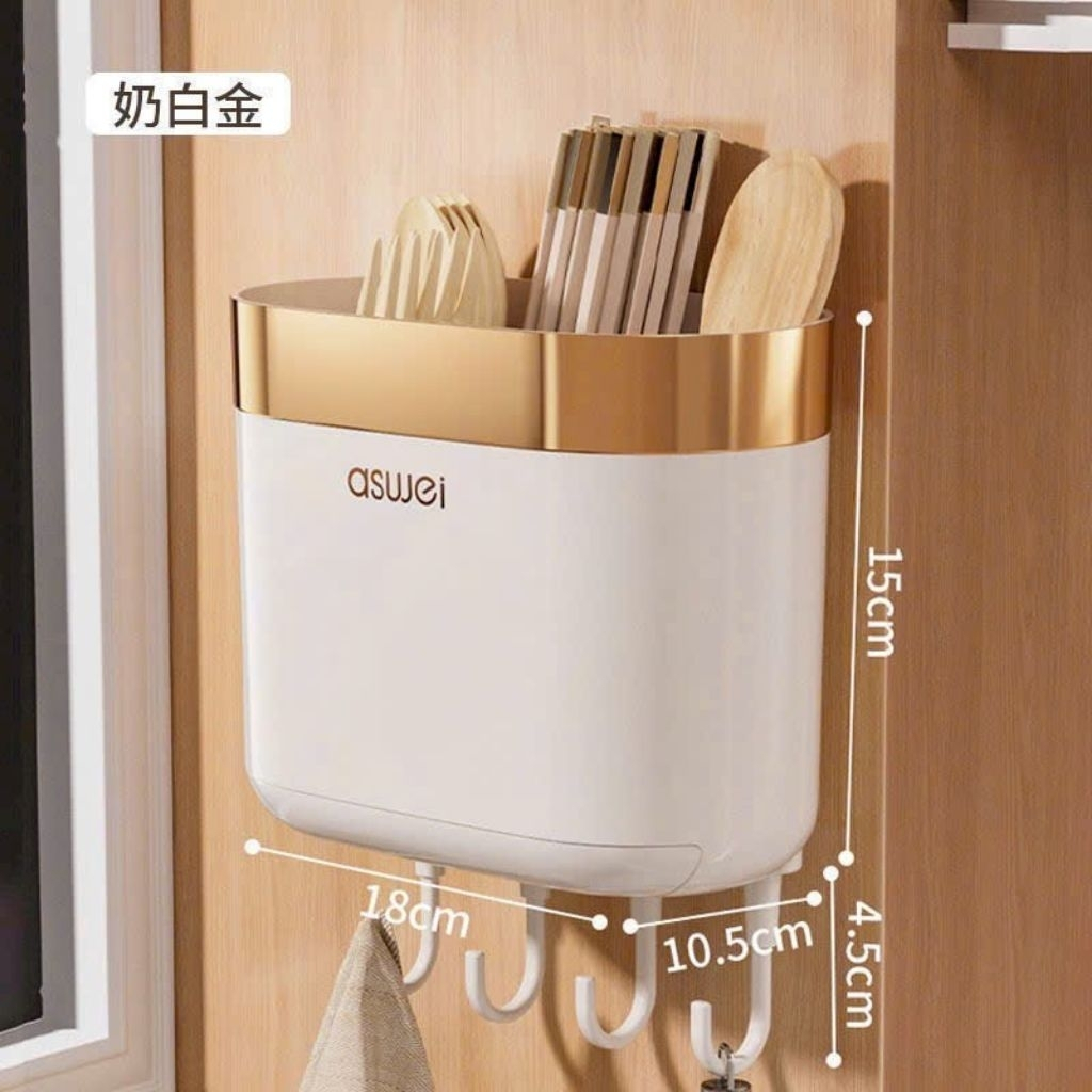Kệ Đựng Đũa Thìa Dán Tường ASWEI Có Móc Treo Khay Hứng Nước Chia Ngăn Viền Vàng Bạc