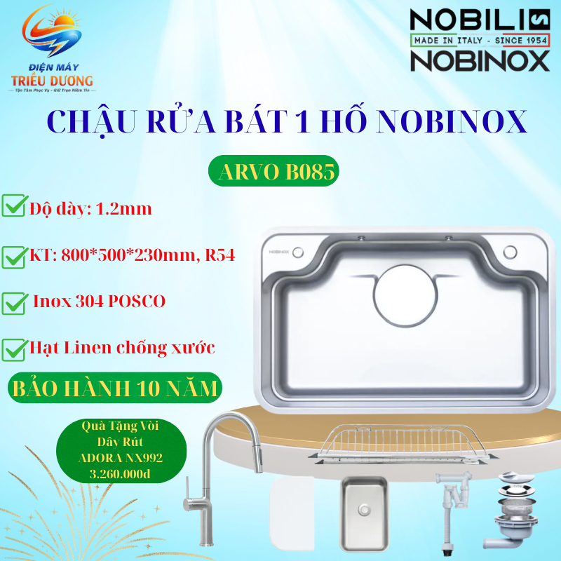 { TẶNG VÒI DÂY RÚT } Chậu rửa 1 hố cao cấp NOBINOX ARVO B085 | Kích thước 85 X 50 CM |
