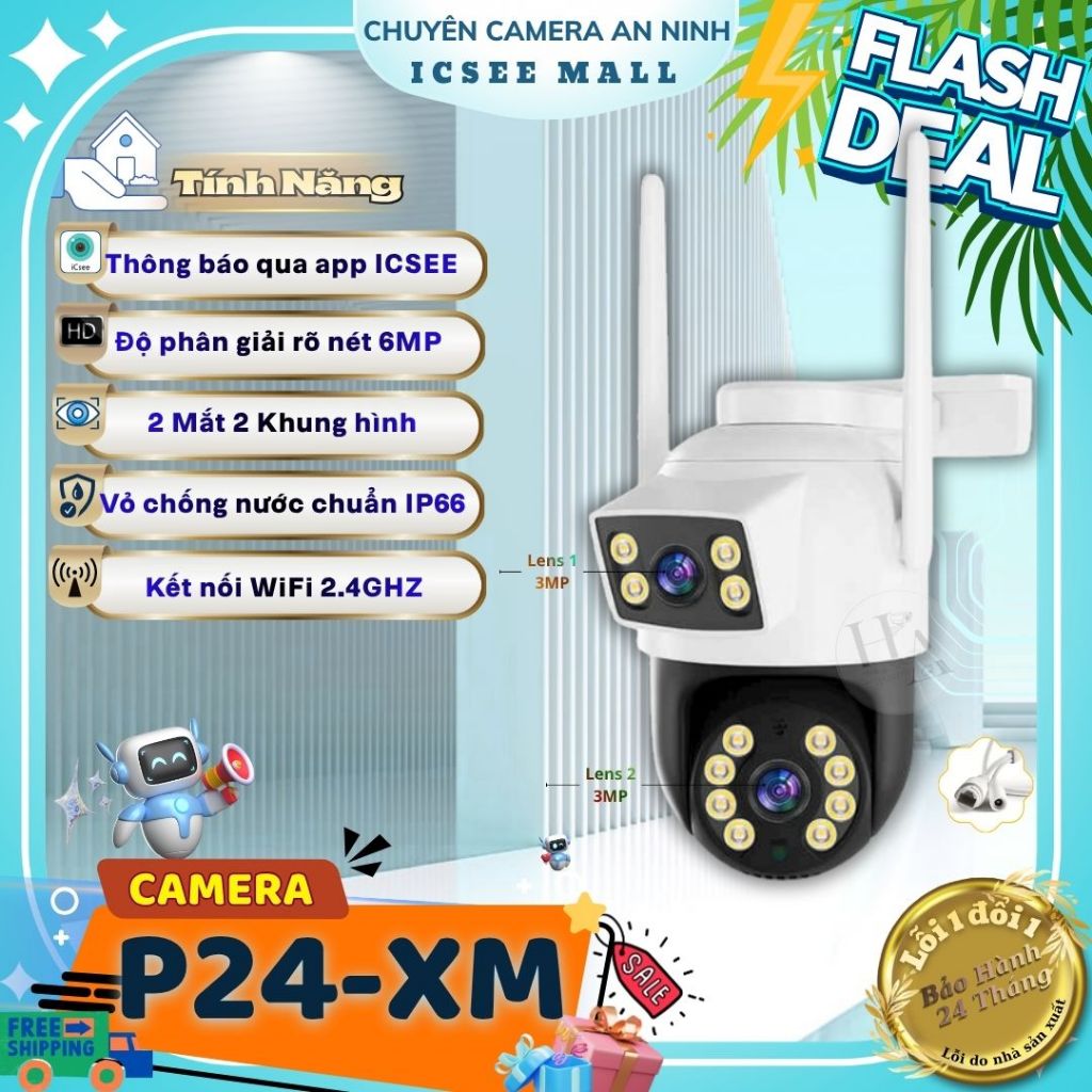 (Tặng Camera CuBe-Q26 Trong nhà) Cameras giám sát iCSee P24-XM -2 Mắt 2 khunghinh Báo động phát hiện