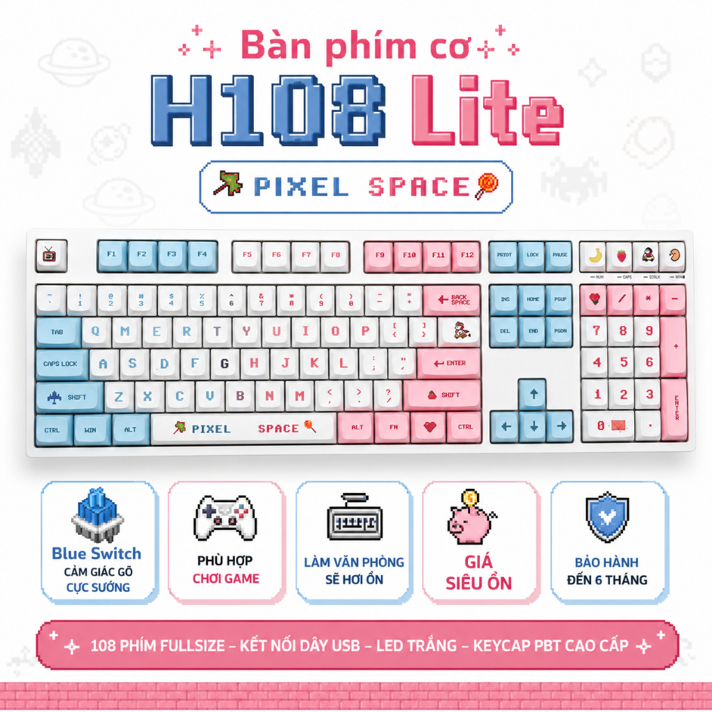 Bàn phím cơ H108 Lite, dùng Blue Switch gõ sướng, phiên bản kết nối bằng dây, phù hợp Gamming