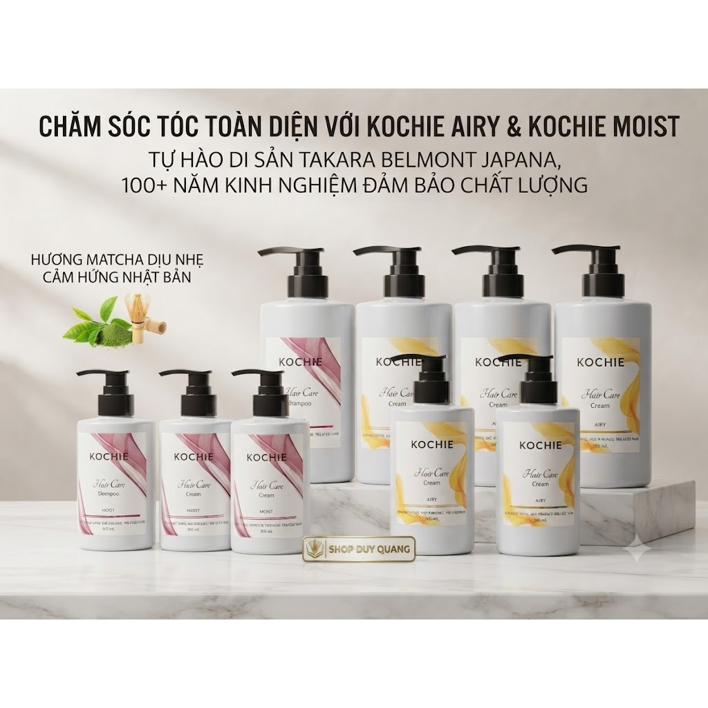 BỘ DẦU GỘI XẢ CAO CẤP KOCHIE AIRY & KOCHIE MOIST HƯƠNG MATCHA NHẬT BẢN DÀNH CHO TÓC NHUỘM VÀ HƯ TỔN 