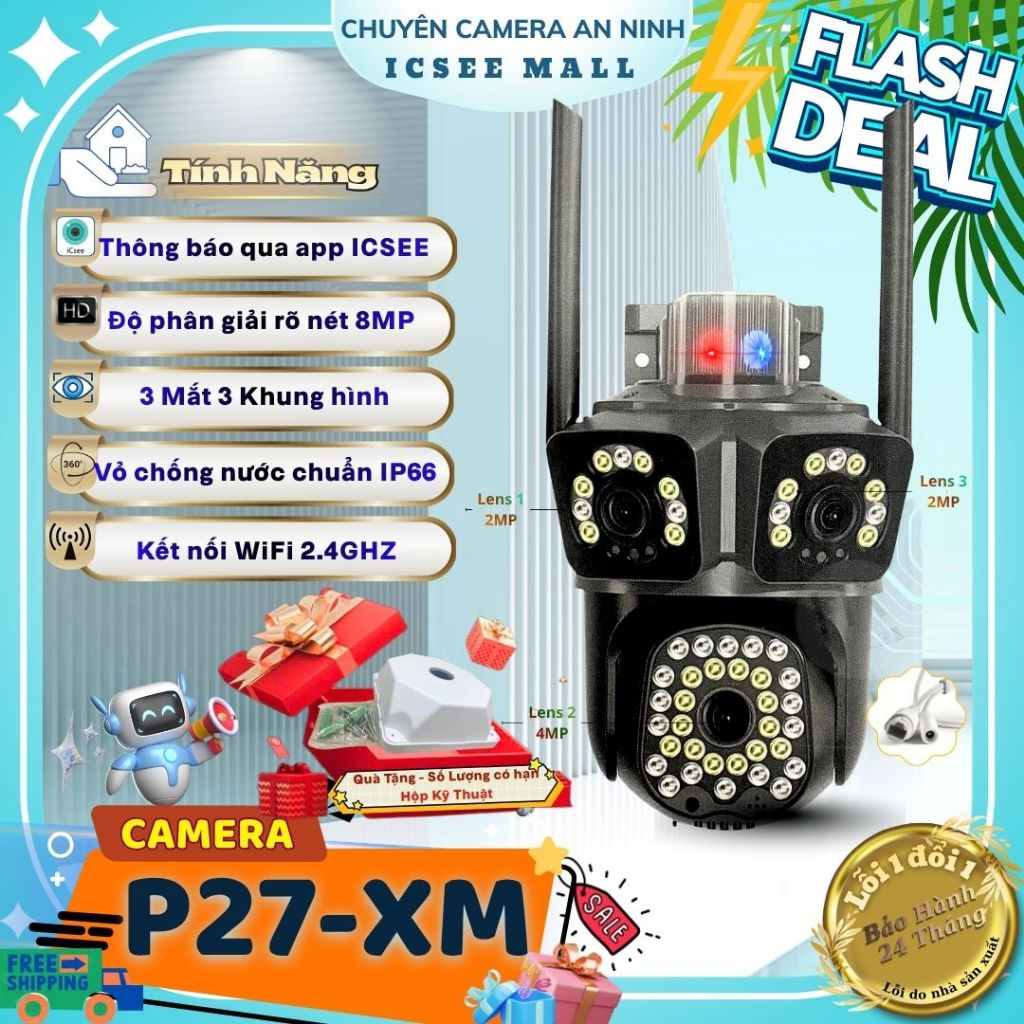 Cameras giám sát iCSee P27-XM - 3 Mắt 3 khunghinh Báo động phát hiện chuyển động có âm thanh- Ánh sá
