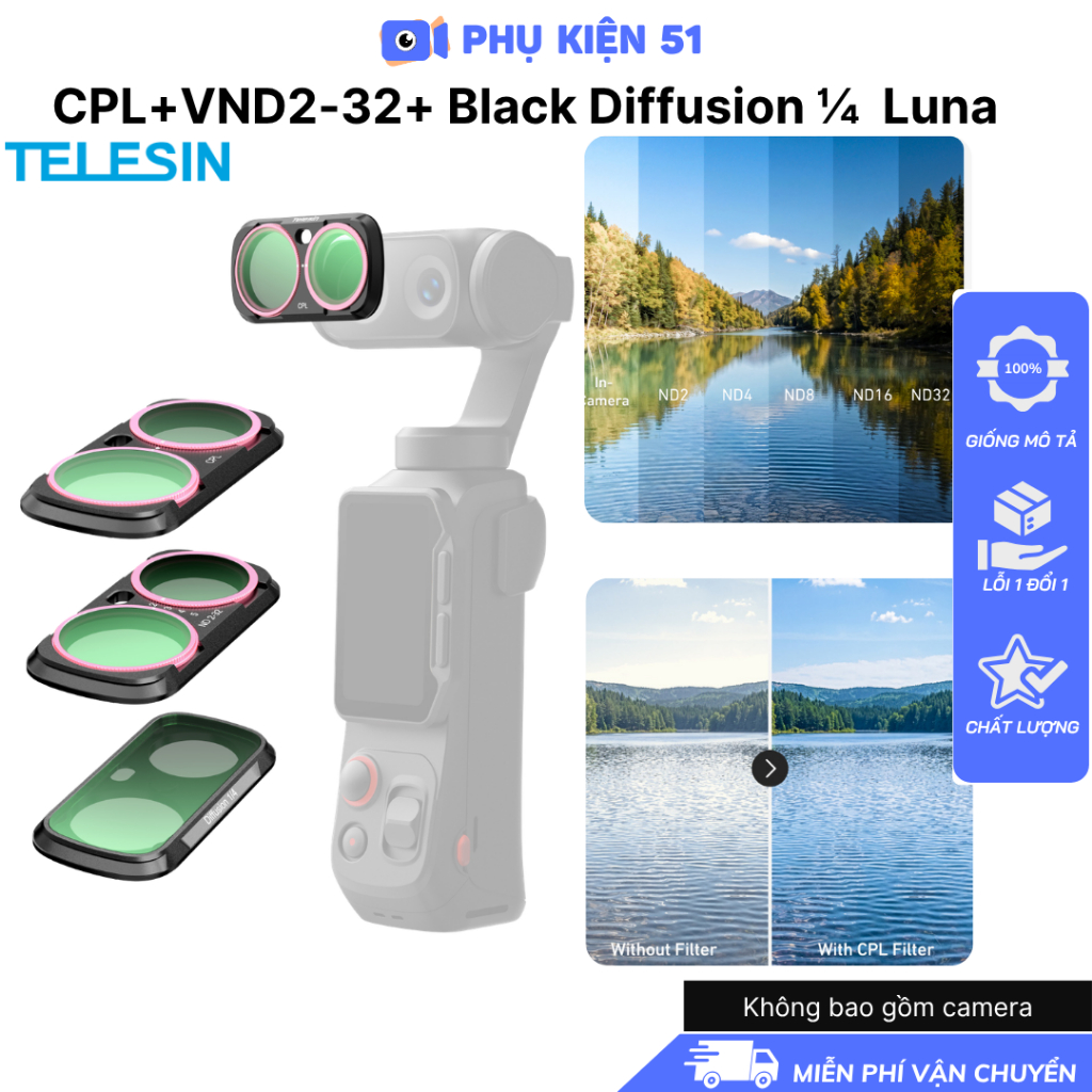 Filter Telesin cho Insta360 Luna CPL+VND2-32+ Black Diffusion 1/4 kiểm soát ánh sáng