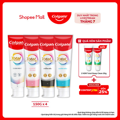 [Livestream x Colgate] Bộ 4 Kem đánh răng Colgate Total sạch sâu bảo vệ, ngăn ngừa 8 vấn đề răng miệng 150g/ tuýp