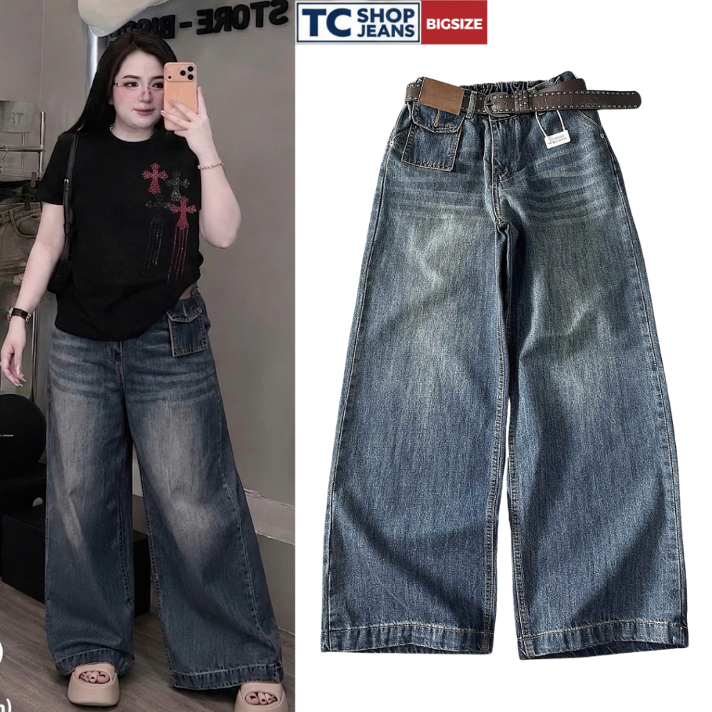 Quần jean ống rộng nữ túi hộp trơn tag da basic TC SHOP JEANS bigsize 55-90kg chất jean mềm MS 610