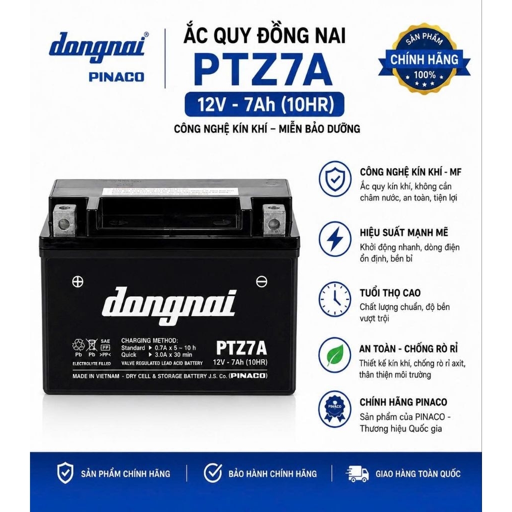 Bình ắc quy khô đồng nai PTZ7A (12V 7ah) dùng cho xe máy Spacy, Attila Elizabeth
