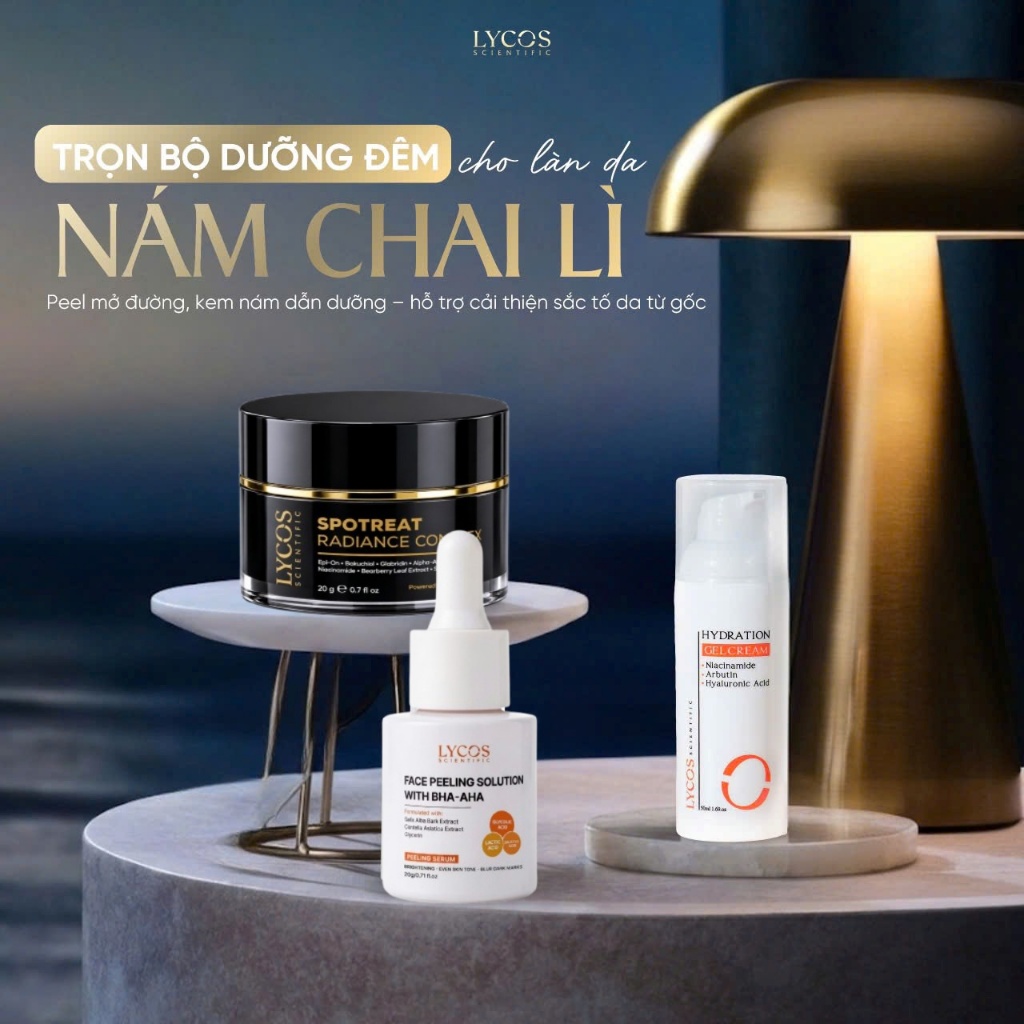 Combo 3 - Sáng Da Mờ Nám Lycos : Tinh chất Peel Da Lycos + Kem Nám Đêm Lycos + Dưỡng ẩm Lycos