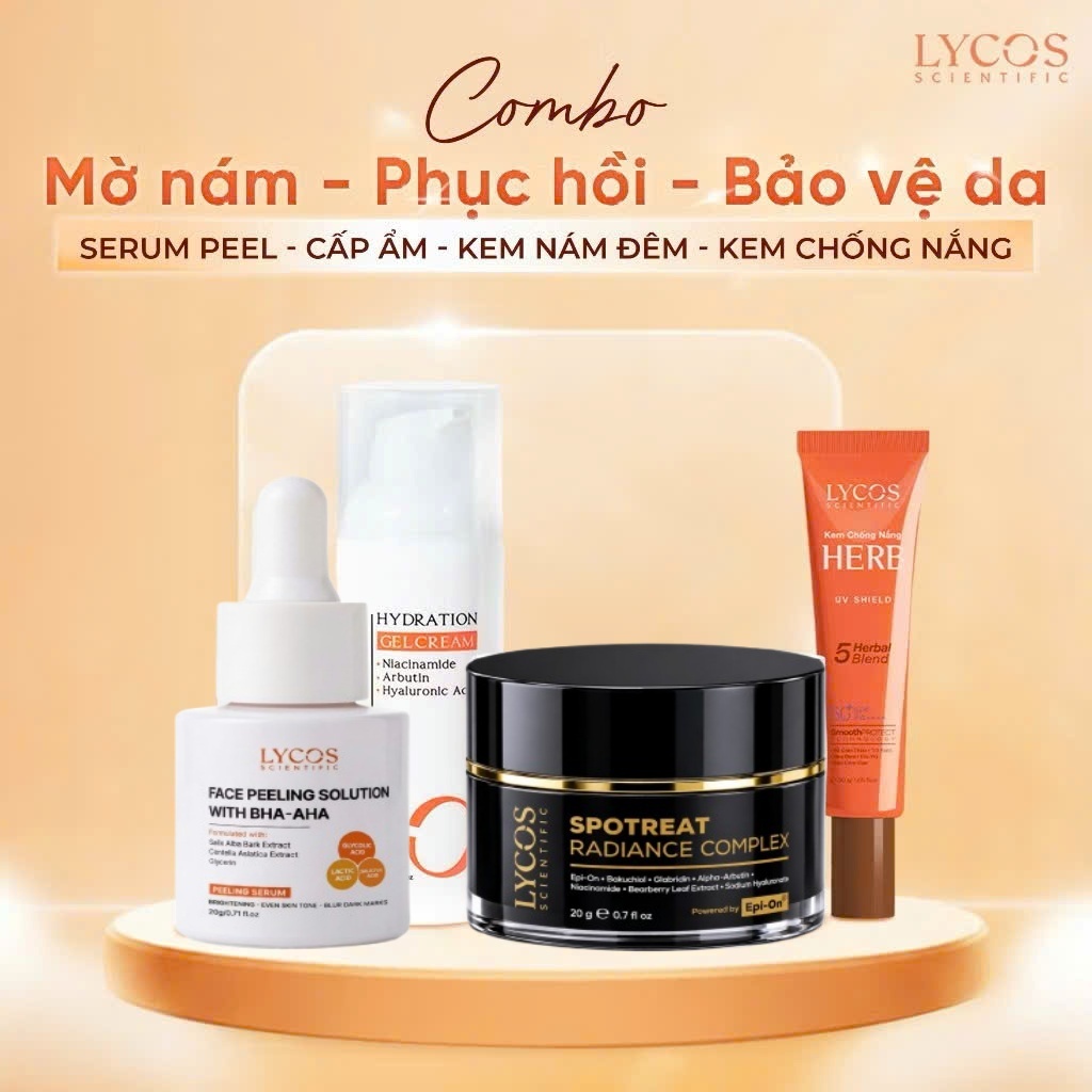 Combo 4 Sáng Da Mờ Nám Lycos (giảm 10%): Peel Da + Kem Nám đêm + Dưỡng ẩm + Kem Chống nắng Lycos