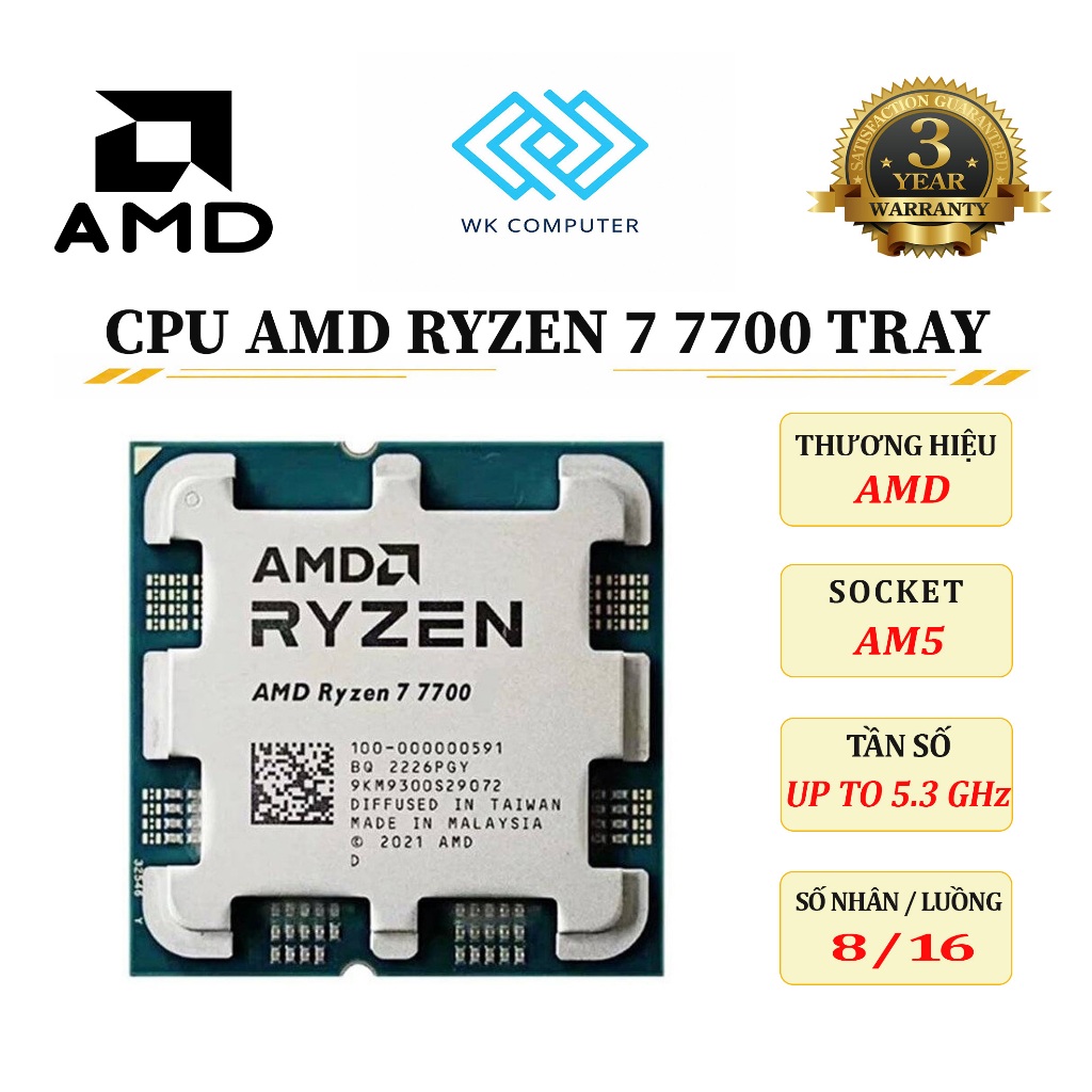 (FULL VAT) Vi xử lý CPU Ryzen 7 7700 TRAY NEW, 3.8 Ghz Up to 5.3 Ghz, DDR5 5200Mhz || BH 36T
