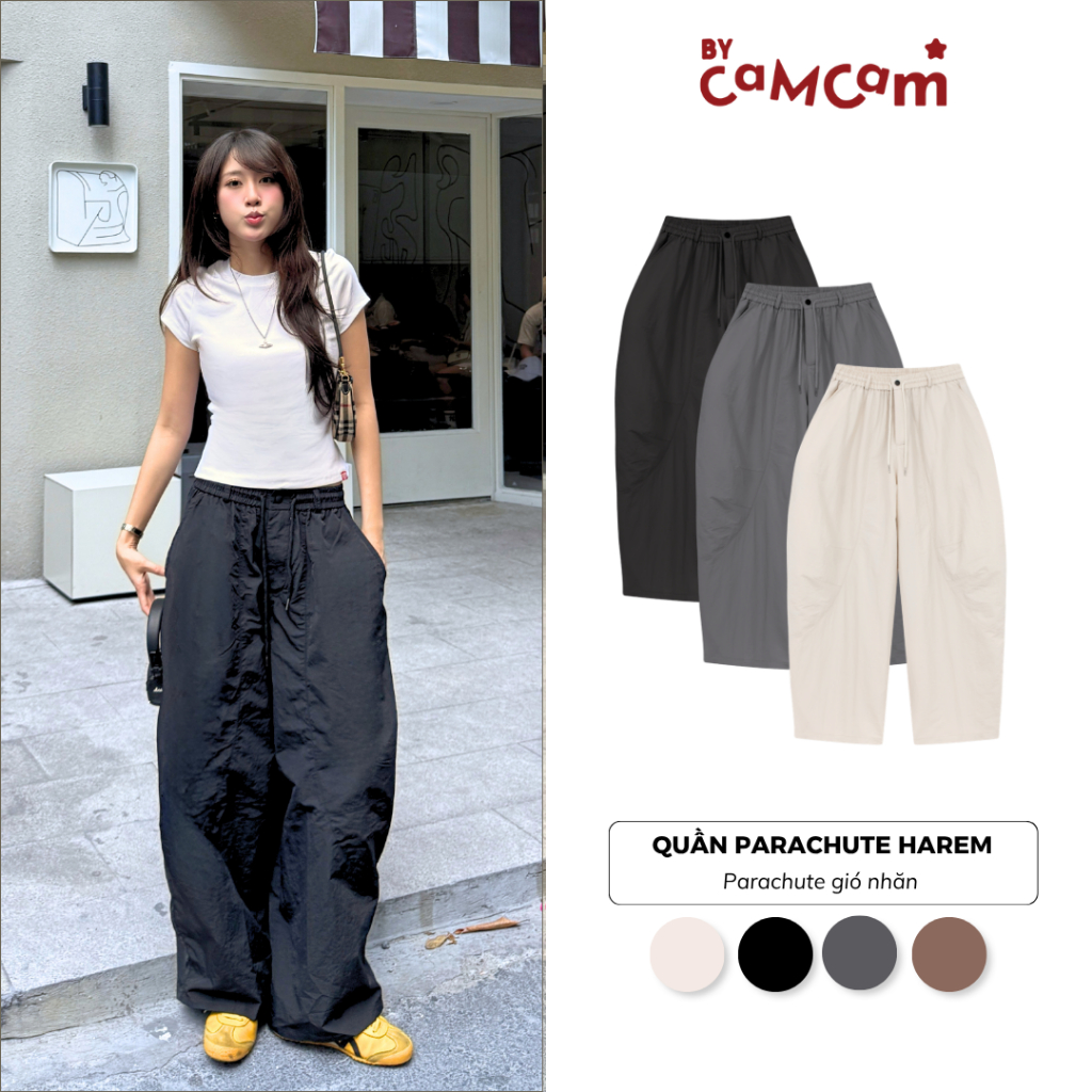 Quần Parachute Harem 𝑩𝒚𝒄𝒂𝒎𝒄𝒂𝒎 Dáng Thụng Vintage Quần Dài Dễ Vận Động Nhật Bản QTD003