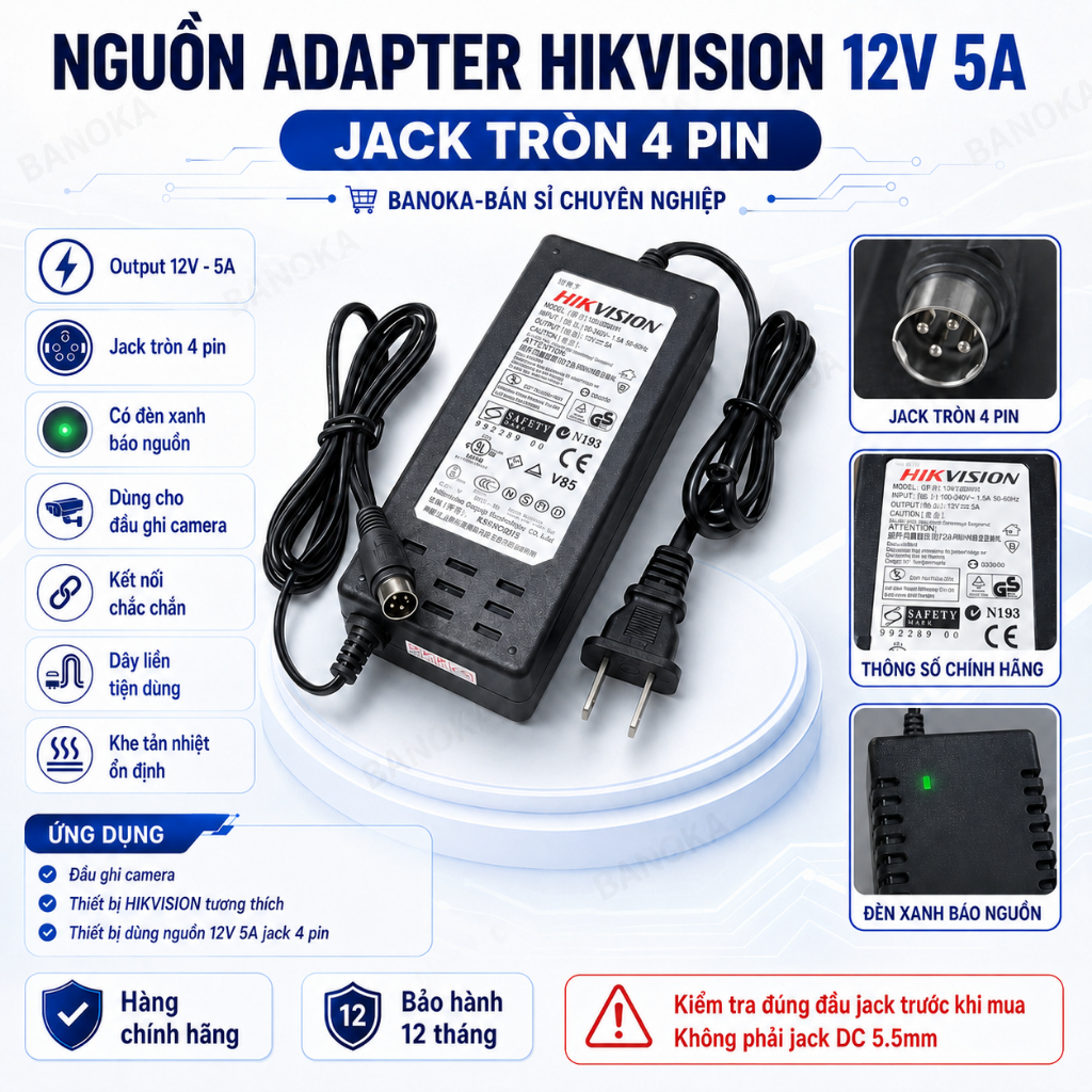 Nguồn Adapter HIKVISION 12V 5A Jack Tròn 4 Pin Cho Đầu Ghi Camera