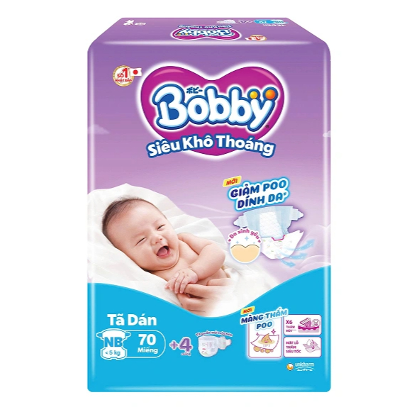 Tã dán Bobby lõi nén cotton-soft cho bé sơ sinh NB70+4