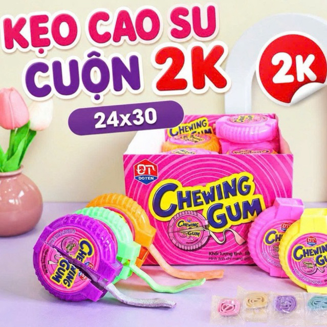 Kẹo Cao Su Cuộn CHEWING GUM Lốc 30 Hộp Đủ Màu