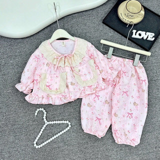 10-24kg Bộ Pijama dài tay cho bé gái chất liệu đũi hàn có túi in họa tiết xinh xắn