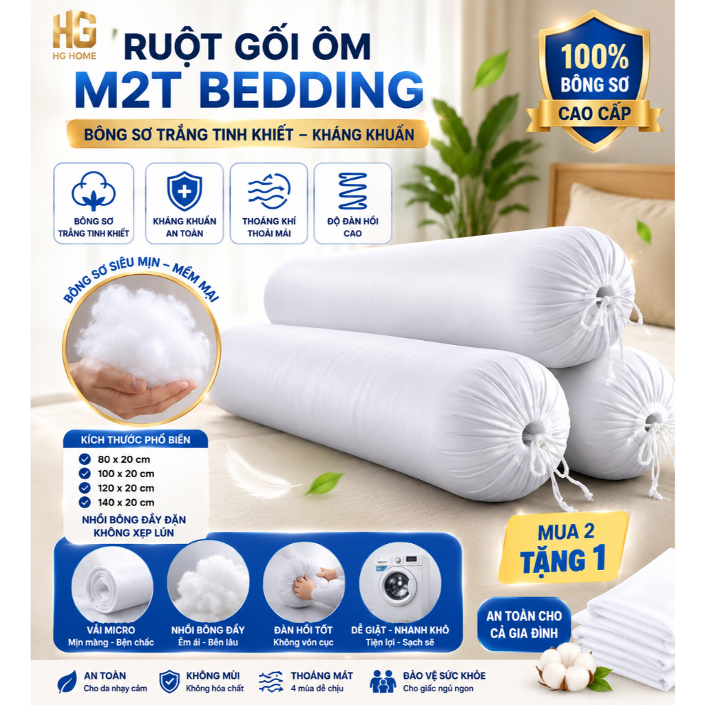 Ruột gối ôm M2T Bedding bông sơ trắng tinh khiết kháng khuẩn