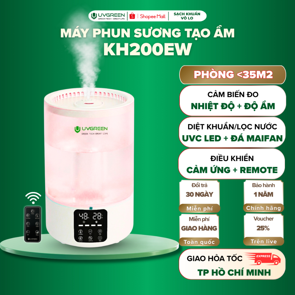 [VHL] Máy Phun Sương Tạo Ẩm UVGREEN KH200 5 Lít, UVC Diệt Khuẩn, Sương Siêu Mịn, Xông Tinh Dầu
