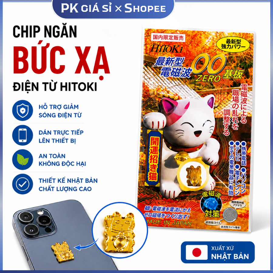Miếng dán chip chống bức xạ điện từ nhật bản hitoki hình mèo thần tài, ngăn bức xạ điện thoại
