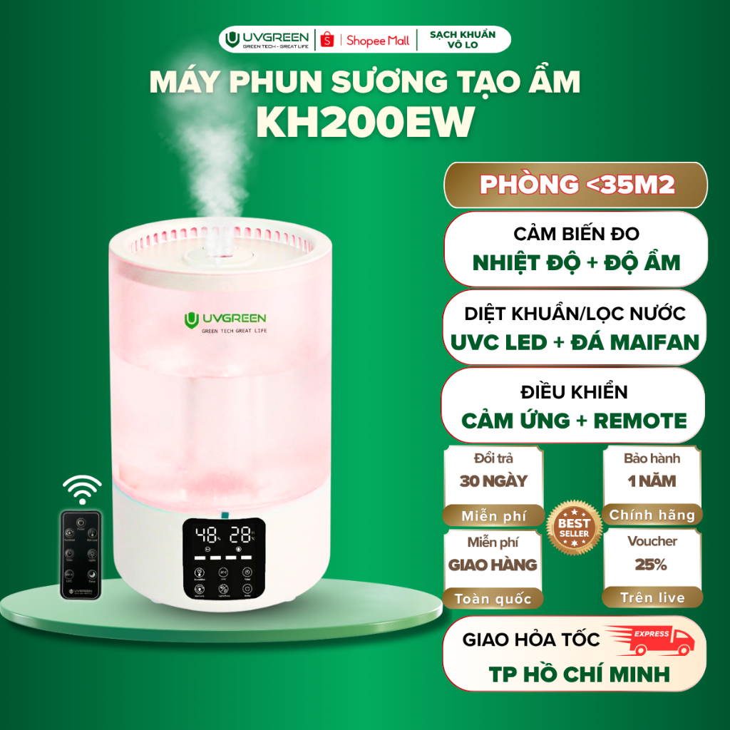 Máy Phun Sương Tạo Ẩm UVGREEN KH200 5 Lít, UVC Diệt Khuẩn, Tạo Sương Siêu Mịn Làm Mát, Xông Tinh Dầu