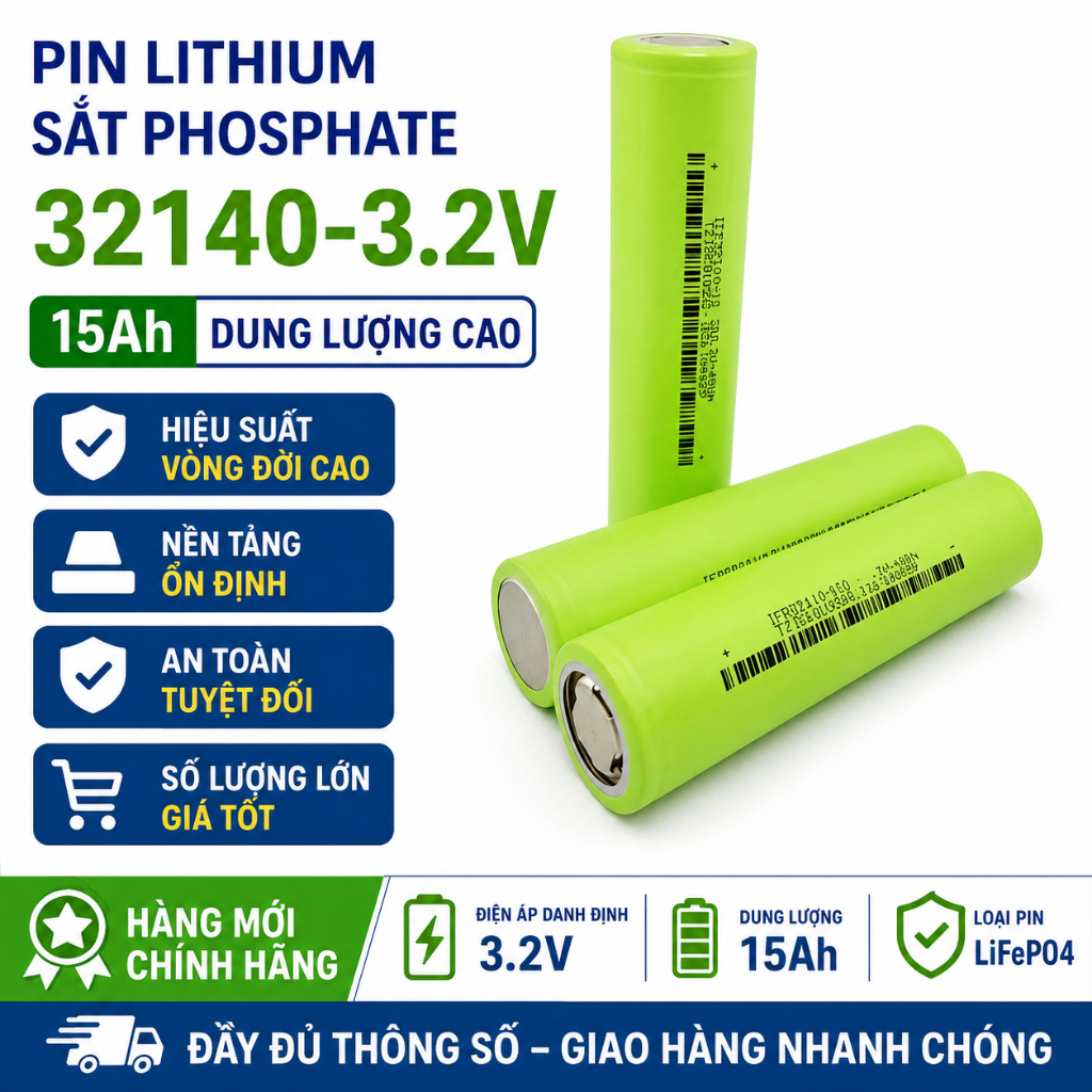 Pin LiFePO4 32140FS 3.2V 15Ah - Cell Pin Lithium Sắt Phosphate Chính Hãng Tuổi Thọ Cao,tặng khung kh
