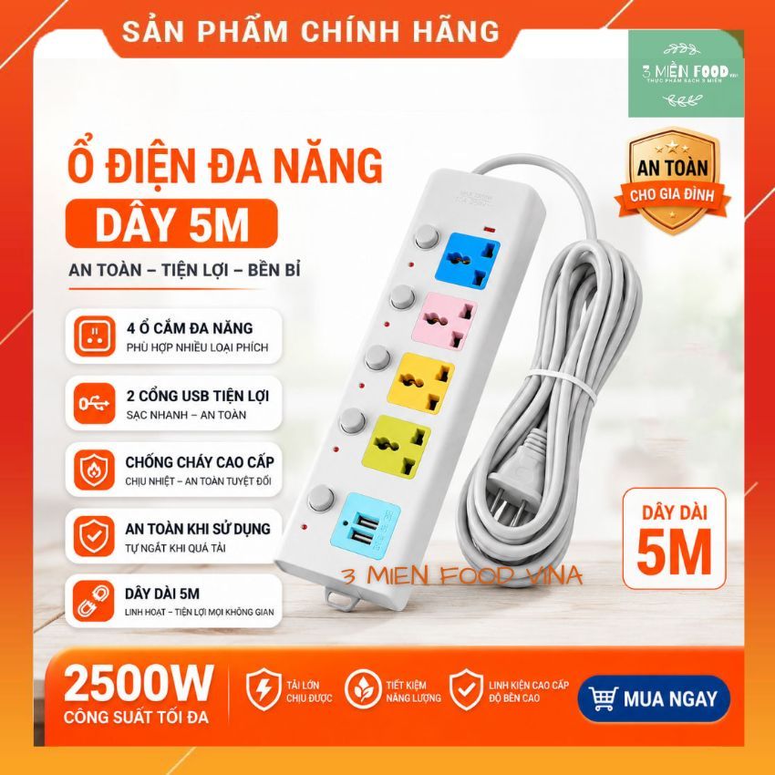 Ổ Cắm Điện Đa Năng dây 1-2-5m, tải 2500w, 2 Cổng USB 5V, chống cháy tiện lợi dây lõi đồng dày-3 miền food vina