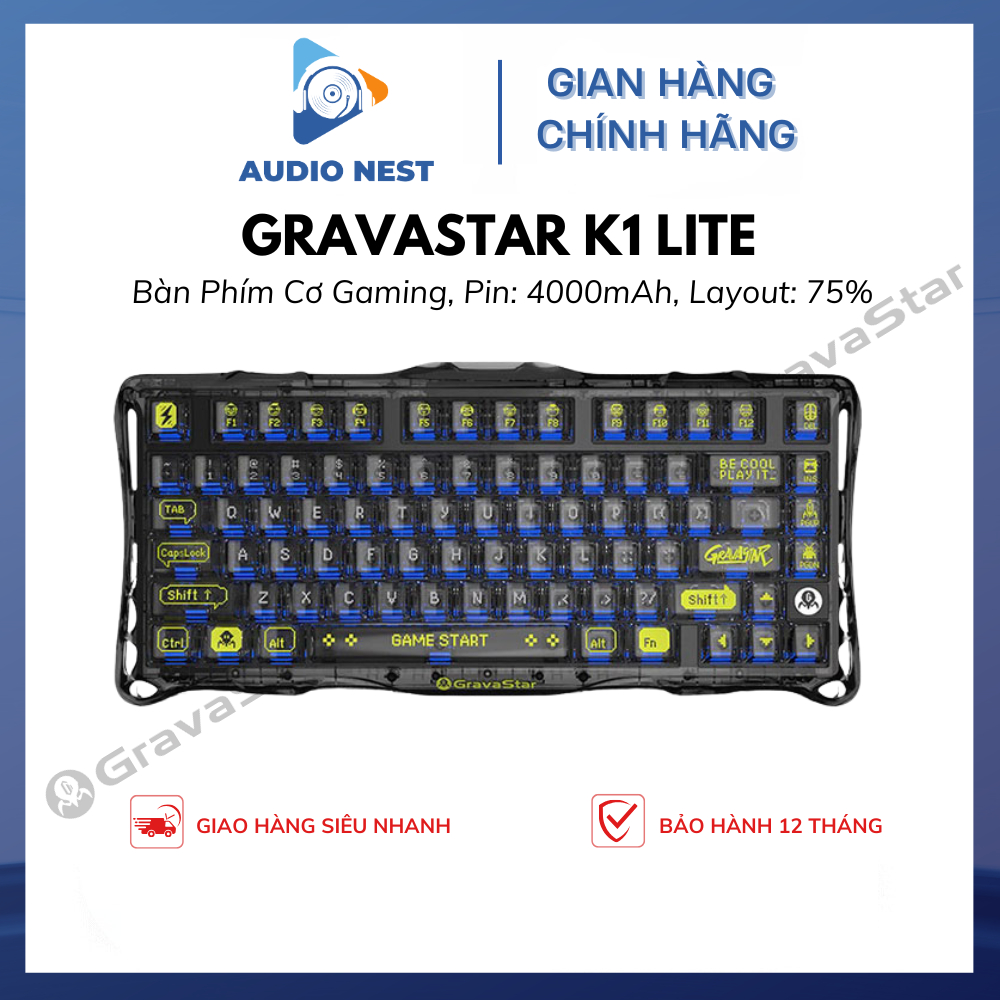 Bàn Phím Cơ GravaStar Mercury K1 Lite Transparent Black Wireless RGB - Bảo Hành 12 Tháng.