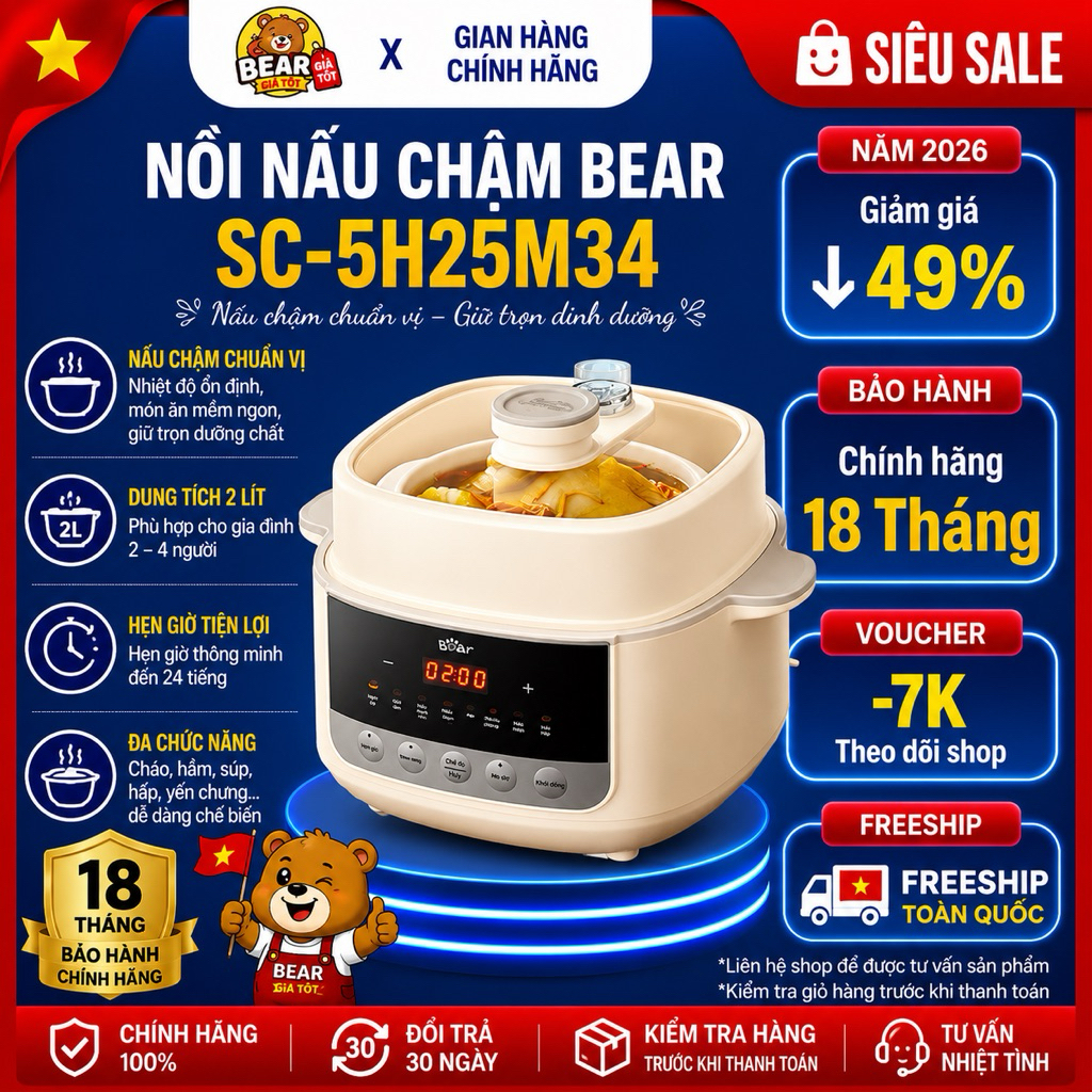 Nồi nấu chậm Bear SC-5H25M34 2.5L hầm cháo dưỡng sinh đa năng bảo hành 18 tháng
