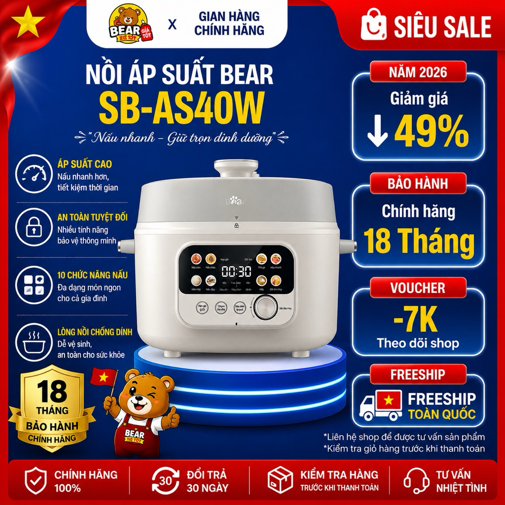 Nồi Áp Suất Điện Bear SB-AS40W 4L Đa Năng Hầm Nấu Nhanh Chống Dính Bảo Hành 18 Tháng