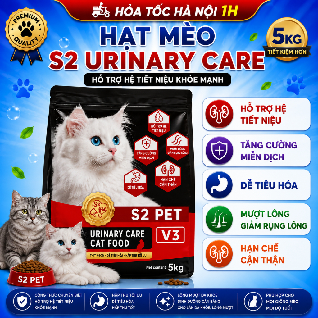 Hạt cho mèo tiết niệu S2 Pet V3 Urinary Care gói 5KG - Huna