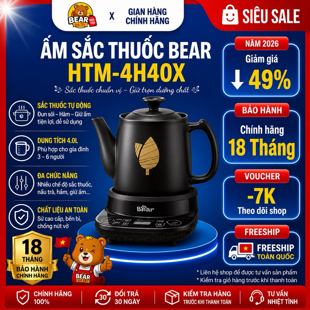 Ấm sắc thuốc Bear HTM-4H40X 4L sắc thuốc bắc tự động giữ ấm bền bỉ bảo hành 18 tháng