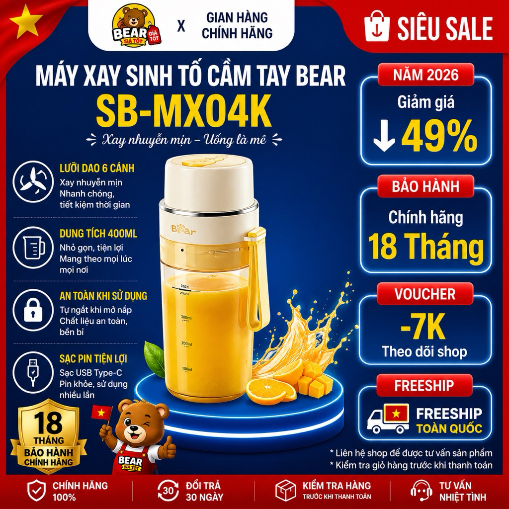 Máy xay sinh tố cầm tay Bear SB-MX04K xay đa năng tiện lợi nhỏ gọn mạnh mẽ bảo hành 18 tháng